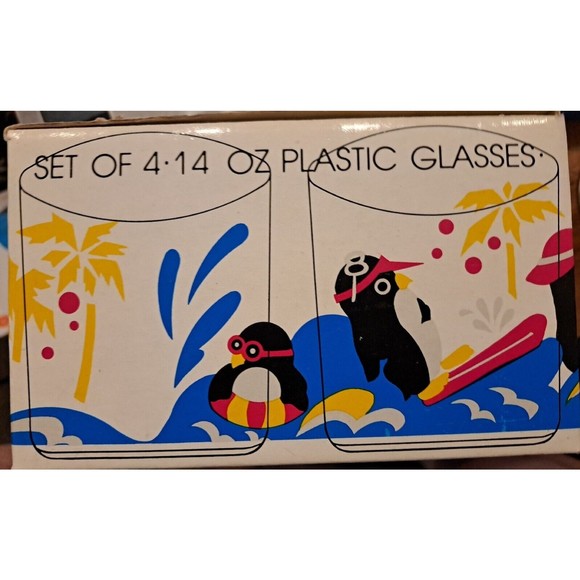 Vintage NIB 4 FUN  Penguin Beach Party POOL Home Style 14 OZ Acrylic Glass Cups - Picture 13 of 14